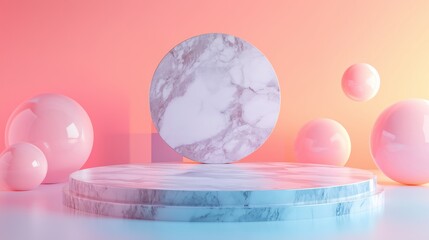 Poster - A sleek 3D podium with a marble finish, surrounded by abstract floating geometric shapes, set against a soft gradient pastel background