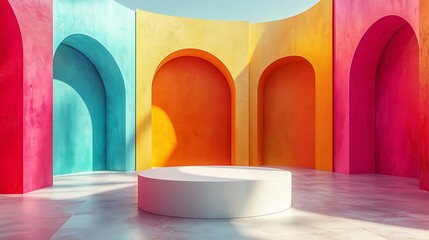 Poster - A minimalist 3D podium with a matte white surface, surrounded by colorful, abstract geometric forms in a vibrant art gallery space