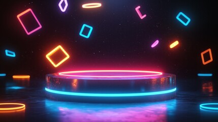 Poster - A futuristic metallic podium with glowing LED lights and neon abstract shapes floating around it, set against a deep black background