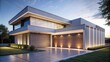 © Sayfar - House with sleek modern facade featuring a long LED light strip along the edges, casting a soft glow at night, minimalistic, facade,house, modern, architecture, light strip, nighttime