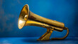 © Asad - vintage brass megaphone with a weathered surface, isolated on a rich blue background. The lighting should emphasize the patina of the brass and the texture of the aged material.