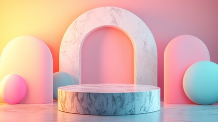 Poster - A sleek 3D podium with a marble finish, surrounded by abstract floating geometric shapes, set against a soft gradient pastel background