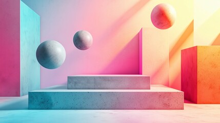 Poster - A modern angular concrete podium with floating, colorful geometric objects, set against a pastel gradient background with soft shadows