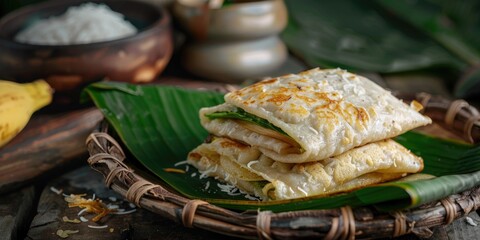 Coconut-Filled Rice Flour Pancakes with Ripe Plantain Wrapped in Leaf