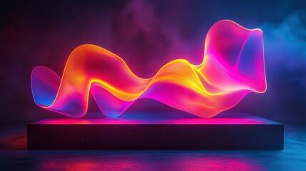 Poster - A sleek, glossy black podium with floating 3D abstract art elements in bright neon colors, set against a minimalist dark space
