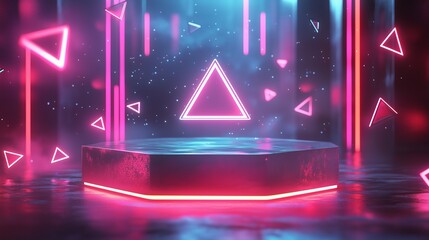 Poster - A futuristic, metallic 3D podium with sharp angles, surrounded by floating neon tubes and geometric shapes on a dark background