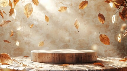 A wooden 3D podium with a rustic texture, surrounded by abstract floating leaves and organic shapes, set against a light, earthy background