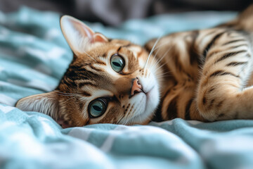 Bengal cat is laying on a white bed with its eyes open. The cat is looking at the camera, and its fur is brown and black