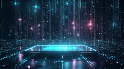 Poster - A futuristic glass podium with neon geometric patterns floating above, set against a black background with glowing digital lines