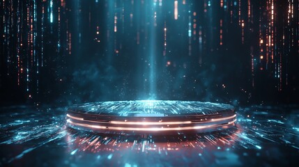 Poster - A sharp-edged metallic podium surrounded by digital glitch effects and abstract light streaks, set against a dark, high-tech background