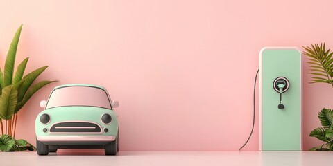 Wall Mural - minimalist 3d render of a pastel green electric car with a charging station and tropical plants against a pink wall.