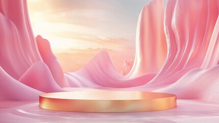 Poster - A minimalist 3D podium with a reflective gold finish, placed in a surreal environment with flowing liquid shapes and pastel tones