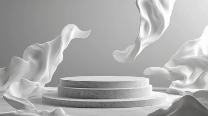Poster - A minimalist 3D podium with a rough, concrete texture, surrounded by abstract organic forms floating in the air, set on a gray background