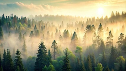 A serene hazy landscape featuring a gentle pine tree forest, peaceful, woodland, peaceful,nature, landscape, calm, greenery, foggy, outdoor, atmosphere, hazy, tranquil, forest, serene