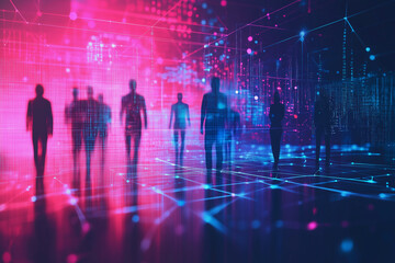 Poster - group of people are walking in a futuristic city. The people are walking in a grid pattern, and the city is filled with bright colors and geometric shapes. Scene is futuristic and energetic