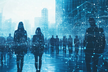 Aufkleber - group of people are walking in a futuristic city. The people are walking in a grid pattern, and the city is filled with bright colors and geometric shapes. Scene is futuristic and energetic