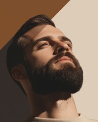 Poster - Minimalist Mens Grooming Inspiration - Close-Up of Bearded Male Model in Neutral Tones