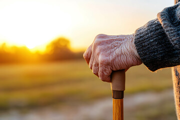 The problem of the increasing number of elderly people. aging society. close up an old man hand holding a cane.