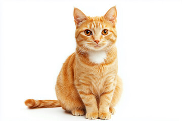 Wall Mural - large orange tabby cat is sitting on a white background. The cat has a very cute and friendly expression on its face