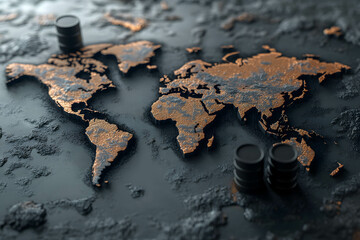 A map of the world, with black oil barrels represents global demand for oil.