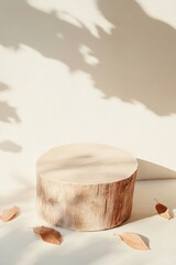 Poster - Minimalist Wood Podium on Beige Background with Floating Leaves and Soft Lighting