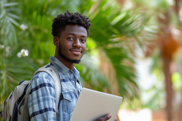 Wall Mural -  young man with a backpack and a laptop is smiling for the camera. Concept of confidence and positivity, as the man is proud of his belongings and his appearance. The bright colors of the background