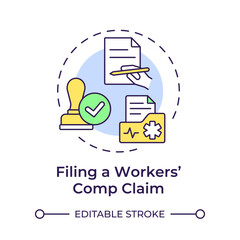 Sticker - Filing workers compensation claim multi color concept icon. Healthcare insurance, medical report. Round shape line illustration. Abstract idea. Graphic design. Easy to use in infographic