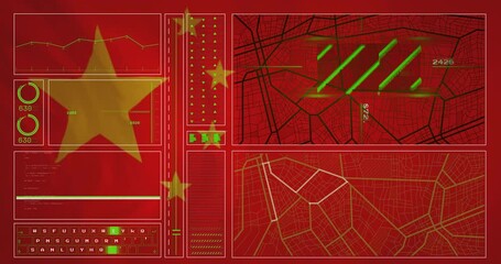 Poster - Data analysis and mapping animation over red background with Chinese flag elements