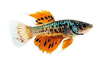 the beside view Leopard Guppy Fish, left side view, white copy space on right, Isolated on White Background