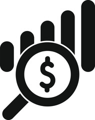 Poster - black and white vector illustration of a magnifying glass focusing on a dollar sign, with a growing 
