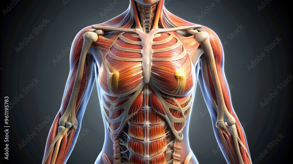 Stockillustratie Female Torso Anatomy With Labeled Muscles, Bones, And ...