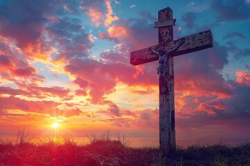 Wall Mural - Cross of Jesus Christ Against Sunset Sky - Christian Religious Symbolism