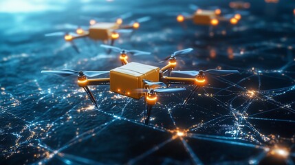 futuristic delivery drones with cargo flying over a connected digital network, illustrating advancem