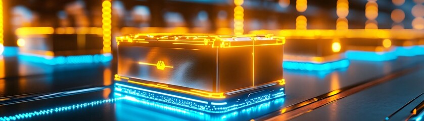 Poster - Futuristic glowing circuit board with vibrant orange and blue lights, representing technology and innovation in digital design.