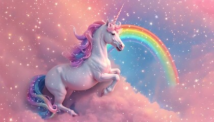 Wall Mural - Whimsical pastel rainbow unicorns amidst a sparkling starry landscape under a dreamy pink fantasy sky with charming holographic and iridescent gradients