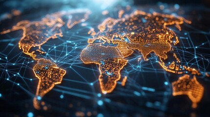 Poster - Illuminated world map with a network overlay, symbolizing global connectivity and technology in a modern digital context.