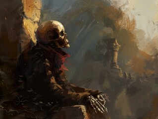 A skeletal figure sits in a desolate landscape, gazing at a distant structure.