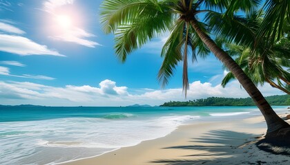 Tropical paradise beach with palm trees, sea waves, and bright sunshine under a blue sky, perfect for summer vacations and luxurious travel escapes.