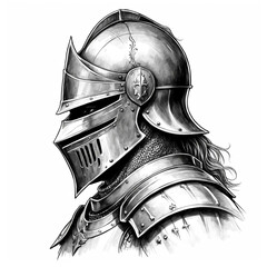 knight head black and white sketch on plain white background