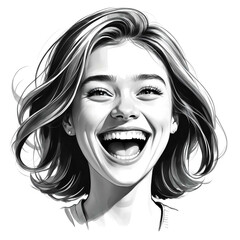 Poster - laughing girl head black and white sketch on plain white background