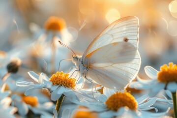 Chamomile and Butterfly in Sunny Spring Meadow: Delightful Wildflower Landscape with Copy Space and Artistic Macro Close-Up