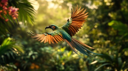 Wall Mural - A tropical bird in mid flight with its colorful feathers captured in sharp detail against a lush, natural background, emphasizing movement and grace