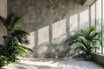 Wall Mural - Blank concrete wall in modern empty room with tropical plant garden Luxury house interior with green palm trees Minimal architecture design