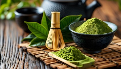 Elegant flat lay of matcha tea powder, fresh leaves, and traditional Japanese tea set on a rustic wooden background