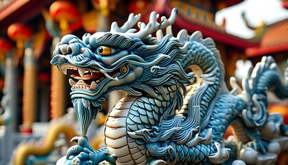 Wall Mural - Majestic dragon statue symbolizing good luck and prosperity in stunning Thai and Chinese temple architecture during vibrant Chinese New Year festivities