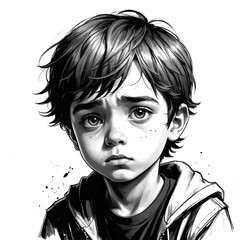 Poster - sad boy head black and white sketch on plain white background