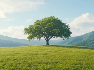 Wall Mural - Lone Oak Tree in Sunlit Meadow at Sunrise - Nature, Tranquility, and Resilience Photographed (Landscape)