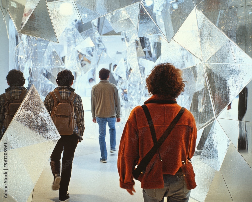 Reflective Journey People Walking Through A Mirror Tunnel With 
