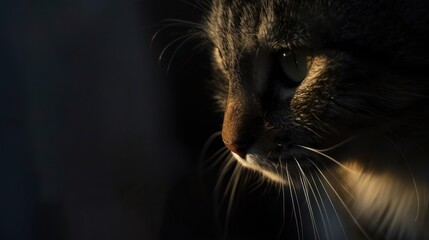 Sticker - Close-up of a cat's face, lit by a soft, warm light.