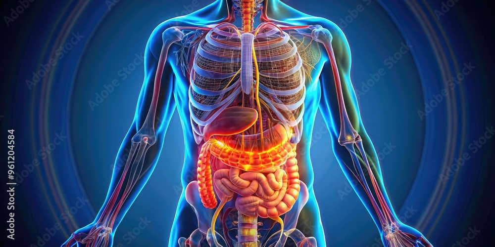 Human Small Intestine Color/image Illuminated 3D illustration of the human digestive system, showcasing ...
